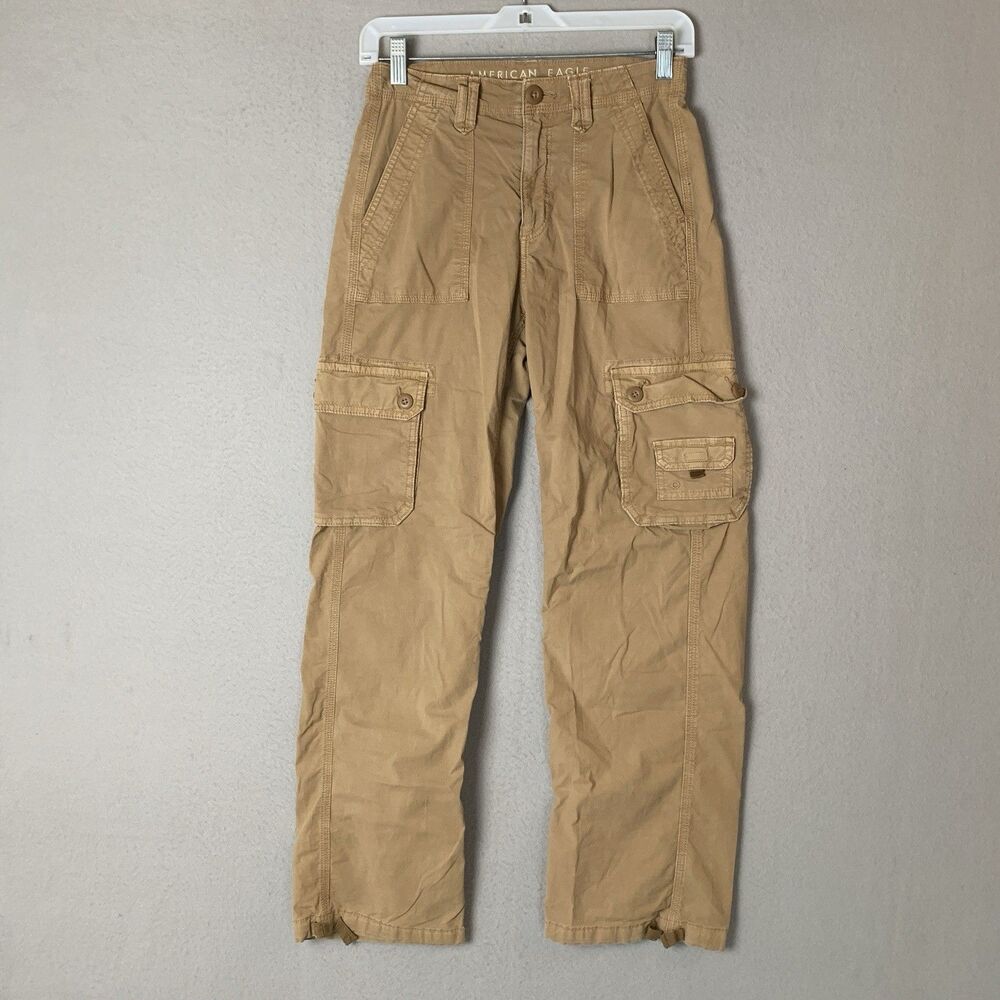 American Eagle Pant Women 00 Tan Baggy Jogger Cargo Utility Y2K Streetwear